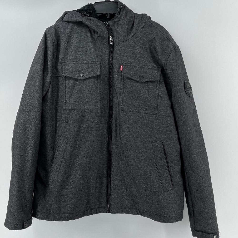 Levi's. Hooded Sherpa Lined Jacket, Mens, Large, Gray, Softshell Full Zip